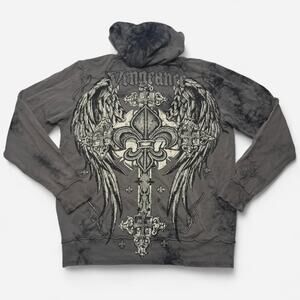 Raw State Premium Graphic Zip Hoodie Y2K Gothic Biker Vintage Size L